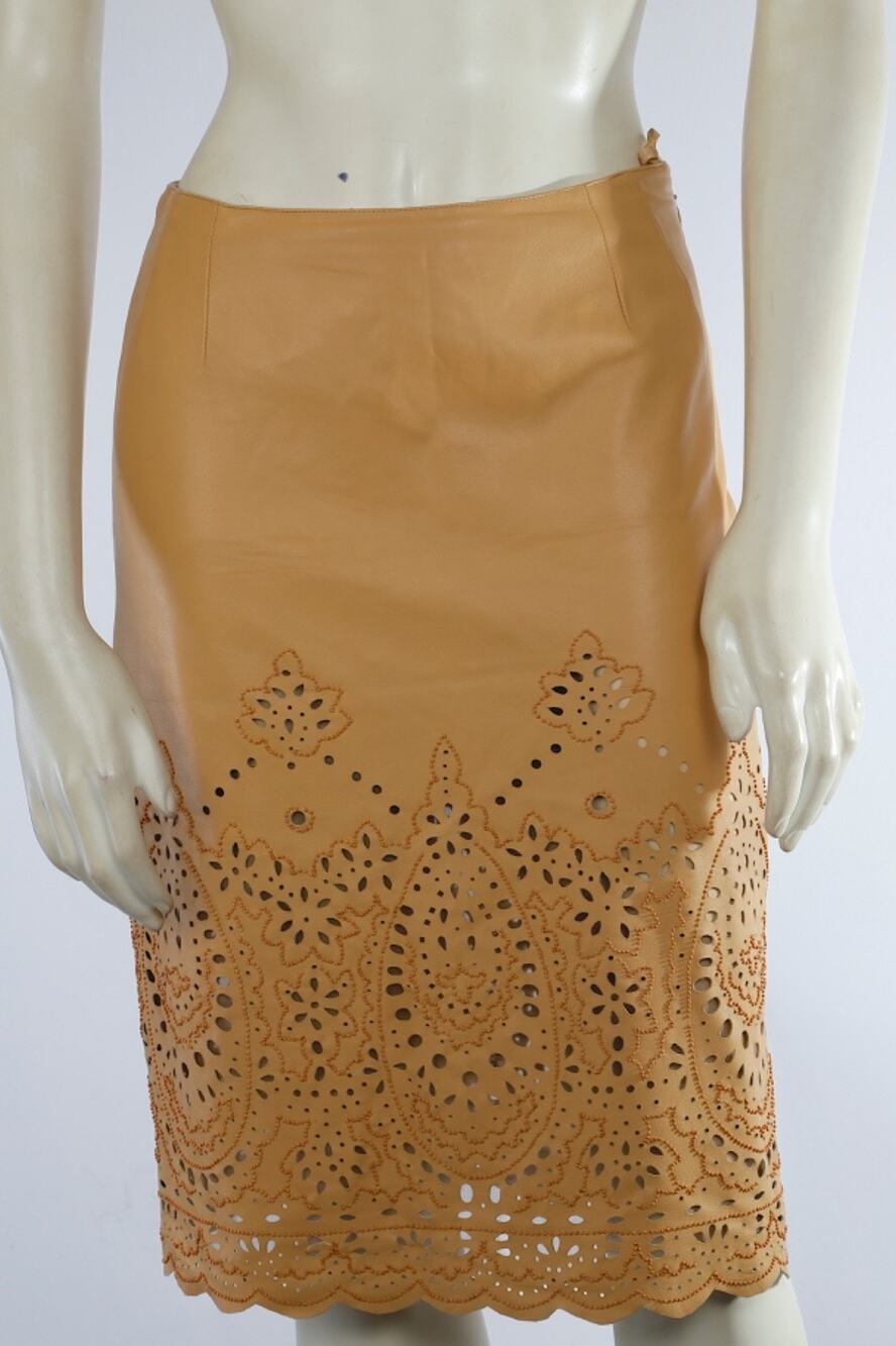 Vintage Oscar de la Renta Tan Leather Laser Cut Eyelet Paisley Pencil Skirt Sz 2